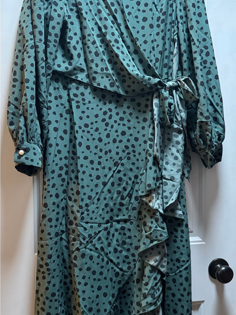 Green Cheetah Print Wrap Dress with Ruffle Tie